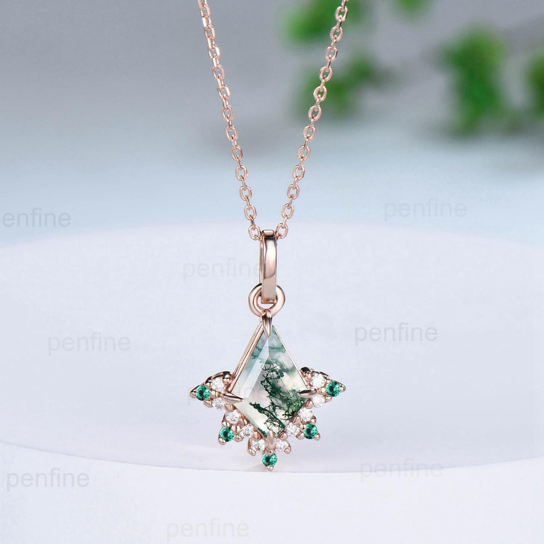 Art Deco Natural Moss Agate Necklace Vintage Kite Cut Green Agate Pendant Silver 14k/18k rose gold emerald promise engagement gift for women - PENFINE