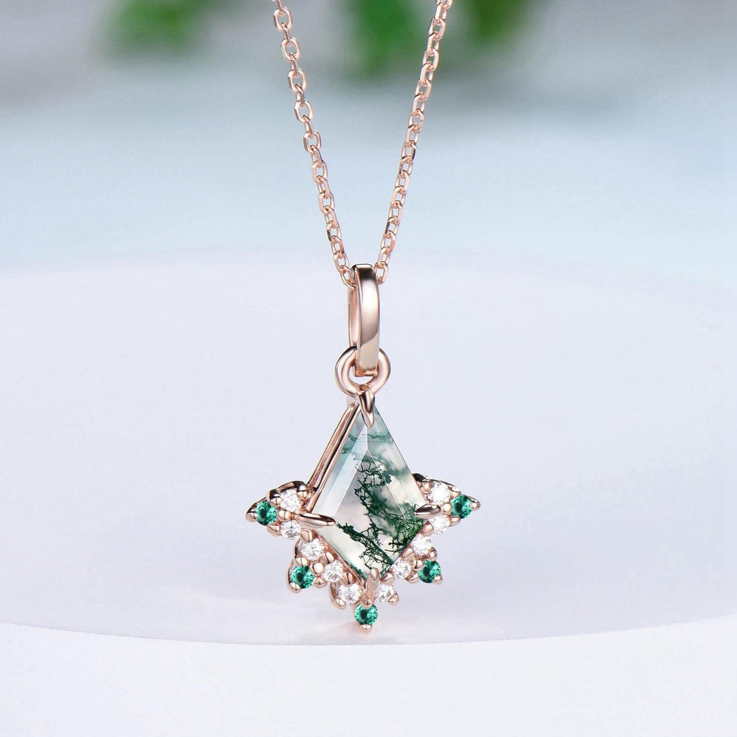 Art Deco Natural Moss Agate Necklace Vintage Kite Cut Green Agate Pendant Silver 14k/18k rose gold emerald promise engagement gift for women - PENFINE