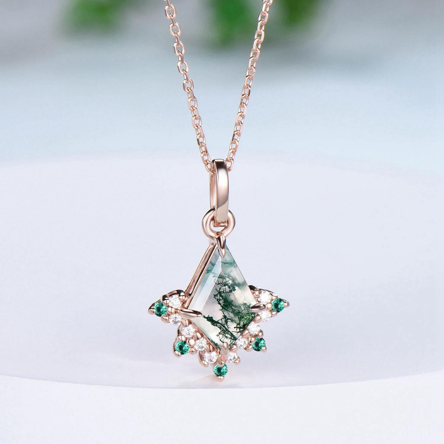Art Deco Natural Moss Agate Necklace Vintage Kite Cut Green Agate Pendant Silver 14k/18k rose gold emerald promise engagement gift for women - PENFINE