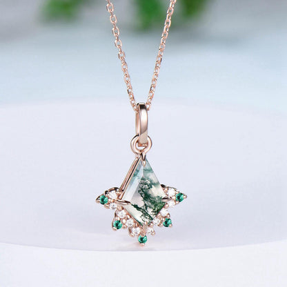 Art Deco Natural Moss Agate Necklace Vintage Kite Cut Green Agate Pendant Silver 14k/18k rose gold emerald promise engagement gift for women - PENFINE