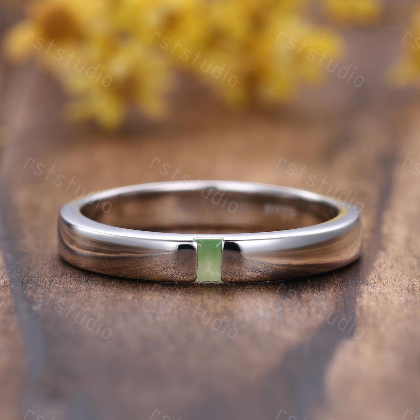 3mm Baguette Jade Wedding Band: White Gold Solitaire Ring, Stackable Ring