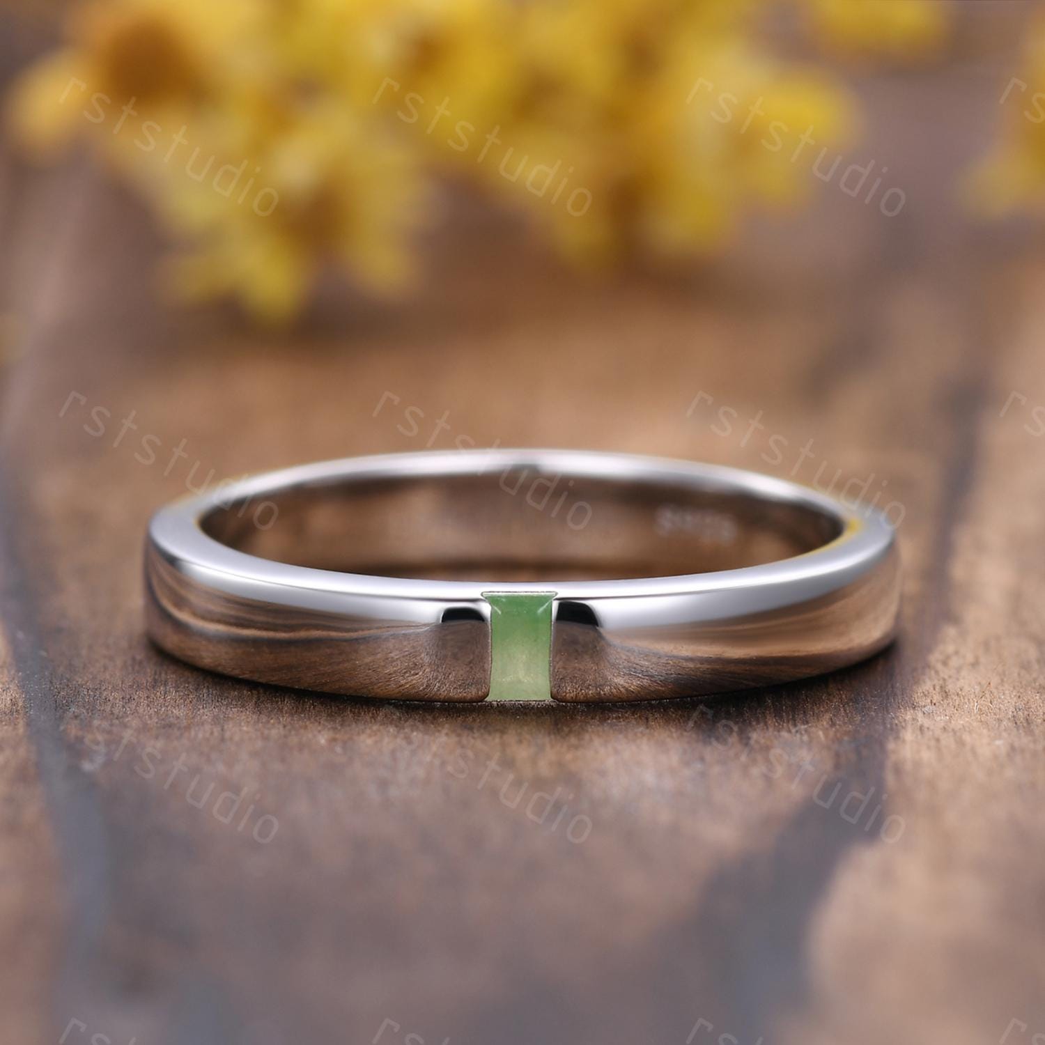 3mm Baguette Jade Wedding Band: White Gold Solitaire Ring, Stackable Ring