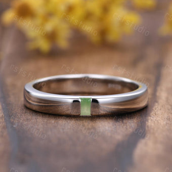 3mm Baguette Jade Wedding Band: White Gold Solitaire Ring, Stackable Ring