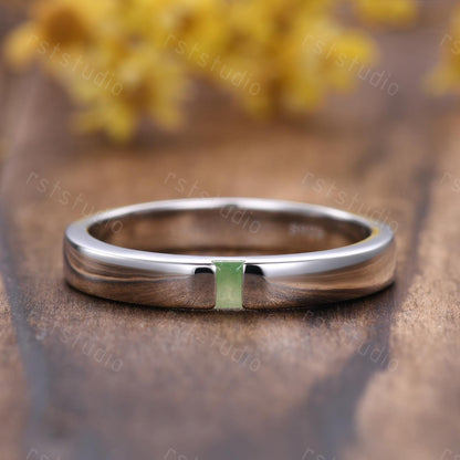 3mm Baguette Jade Wedding Band: White Gold Solitaire Ring, Stackable Ring