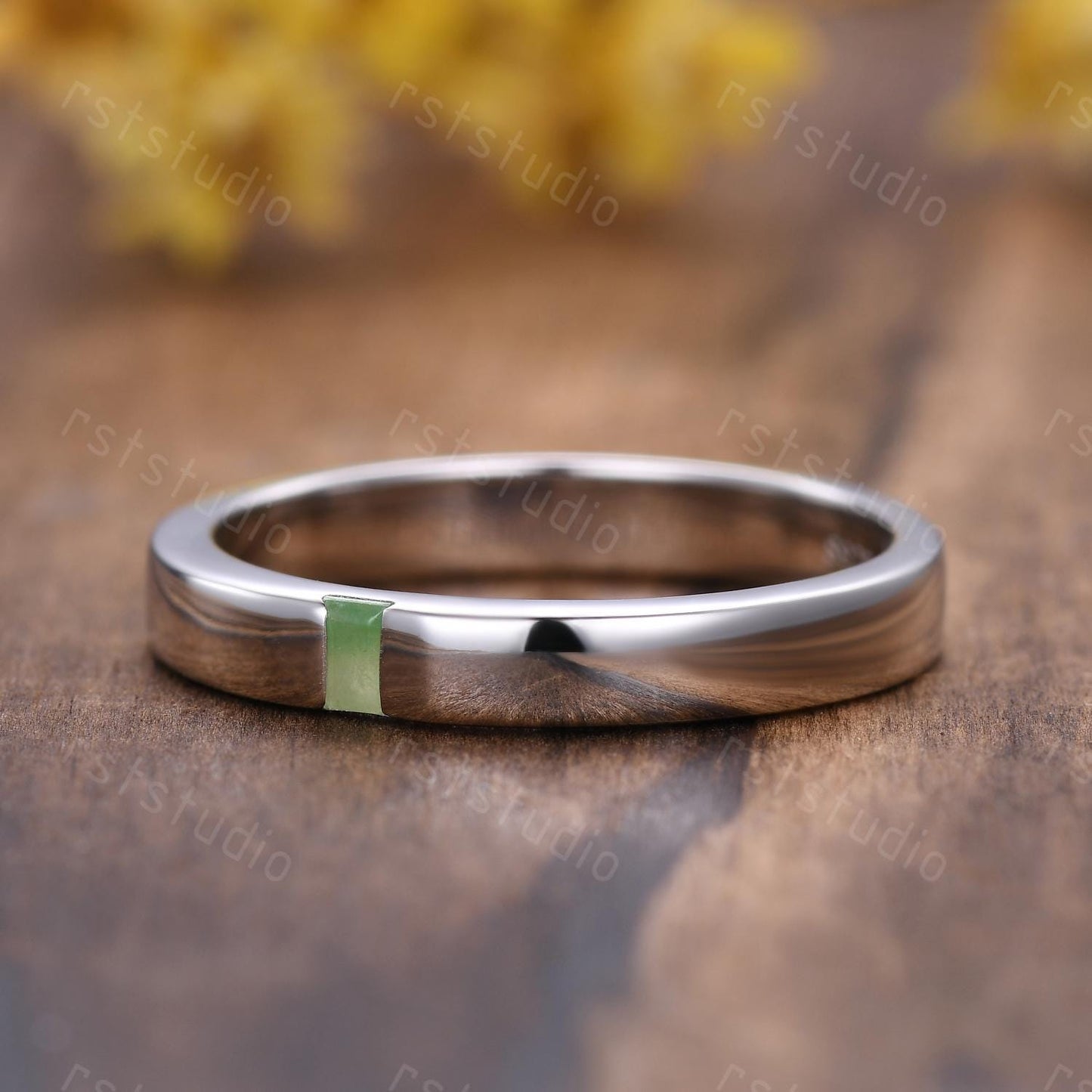 3mm Baguette Jade Wedding Band: White Gold Solitaire Ring, Stackable Ring