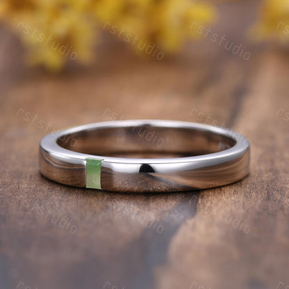 3mm Baguette Jade Wedding Band: White Gold Solitaire Ring, Stackable Ring