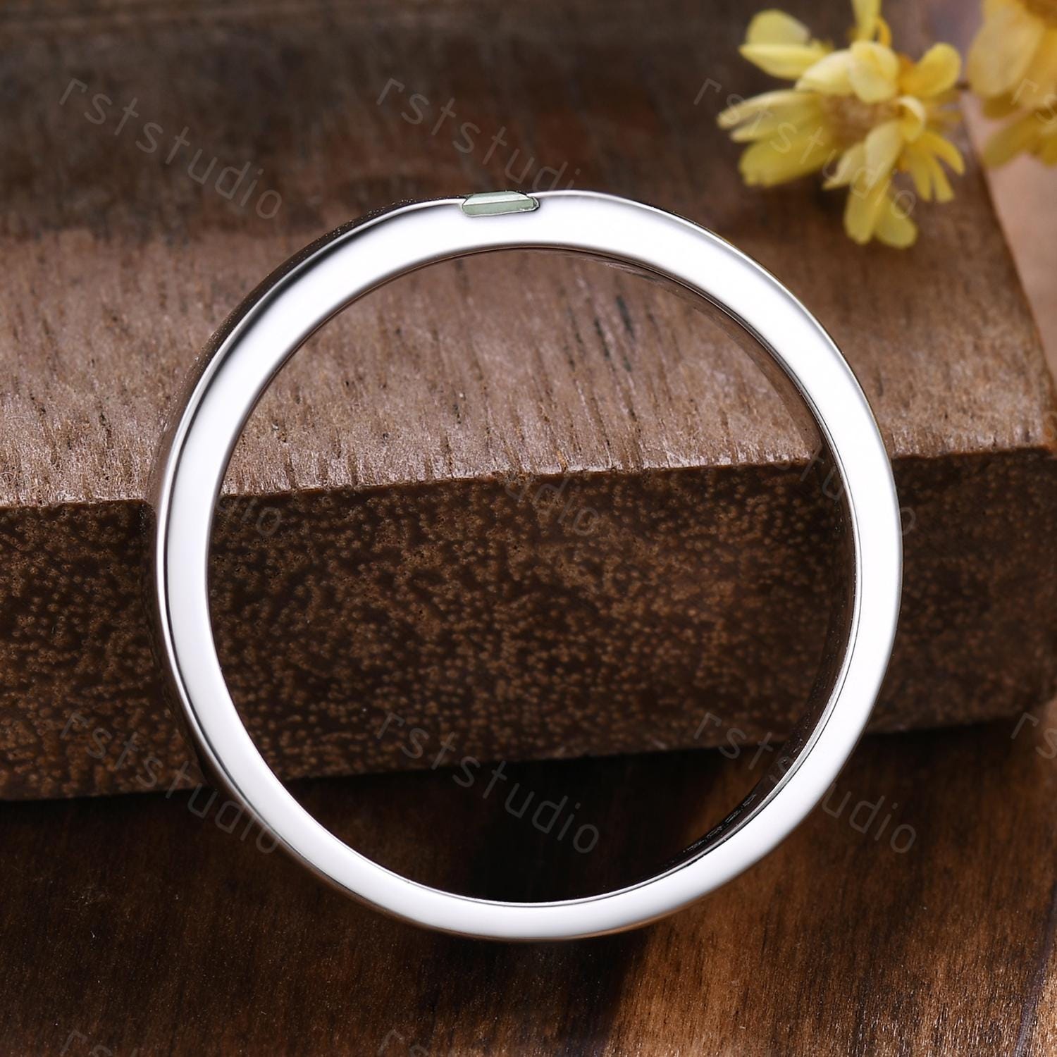 3mm Baguette Jade Wedding Band: White Gold Solitaire Ring, Stackable Ring