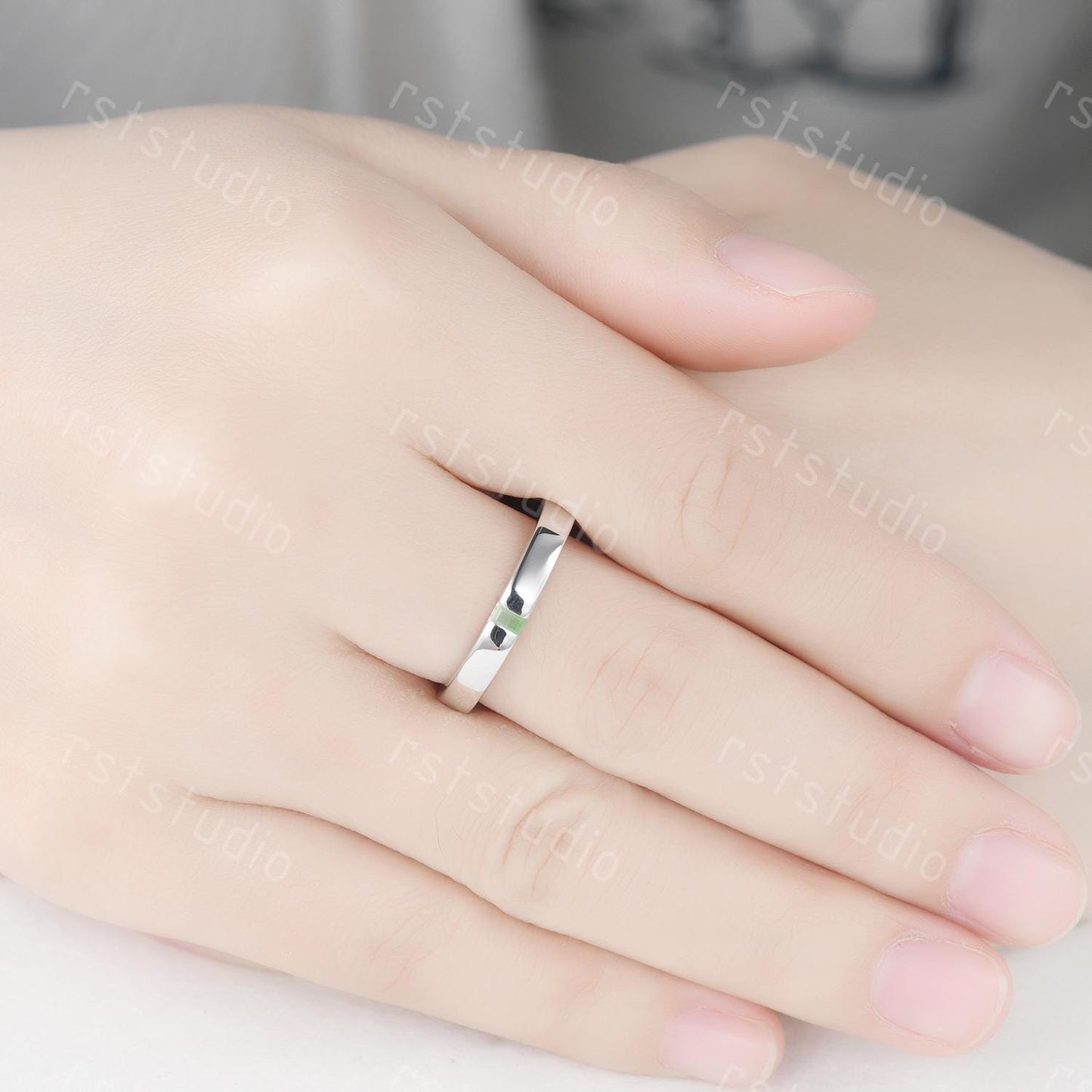 3mm Baguette Jade Wedding Band: White Gold Solitaire Ring, Stackable Ring