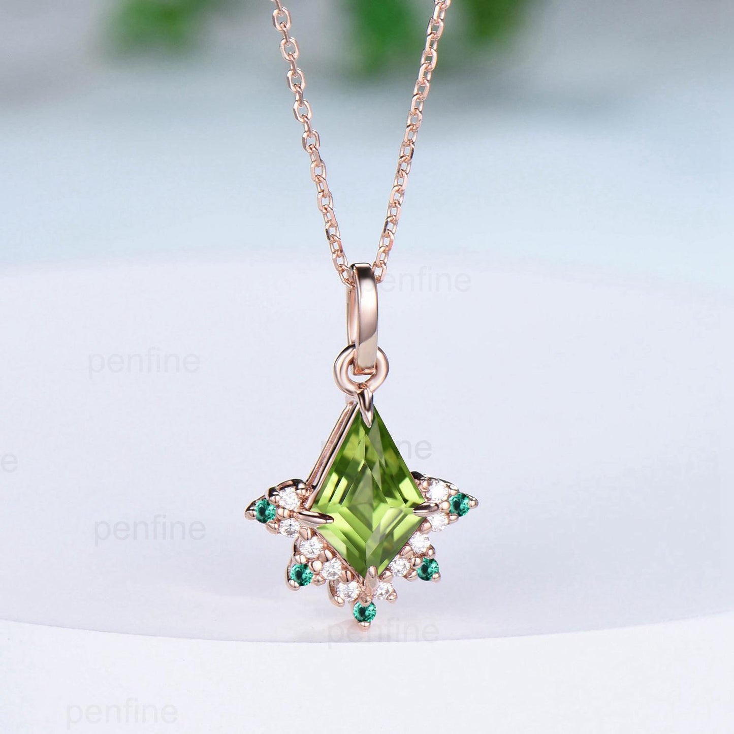Vintage Kite Cut Natural Peridot Pendant Necklace August Birthstone Silver 14k/18k rose gold moissanite promise engagement gift for women - PENFINE