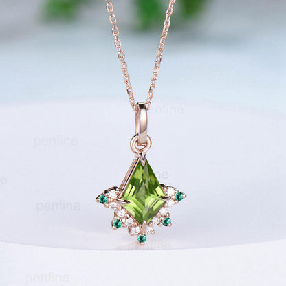 Vintage Kite Cut Natural Peridot Pendant Necklace August Birthstone Silver 14k/18k rose gold moissanite promise engagement gift for women - PENFINE