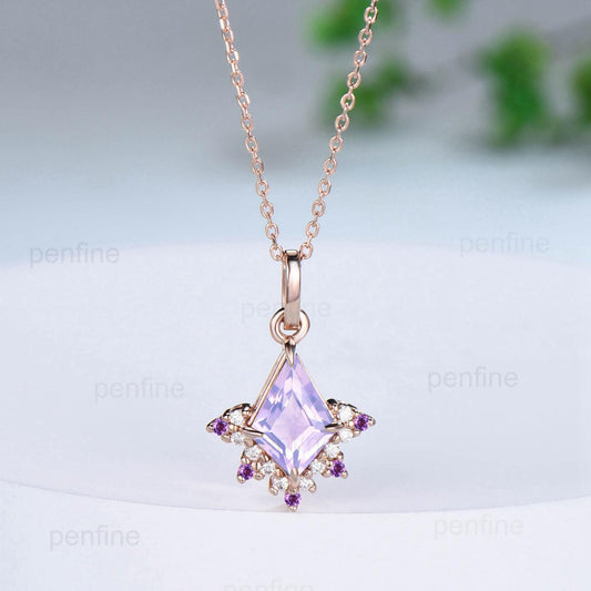 Vintage Kite Cut Lavender Amethyst Necklace Necklace Purple Amethyst Pendant Silver 14k/18k rose gold moissanite promise engagement gifts - PENFINE