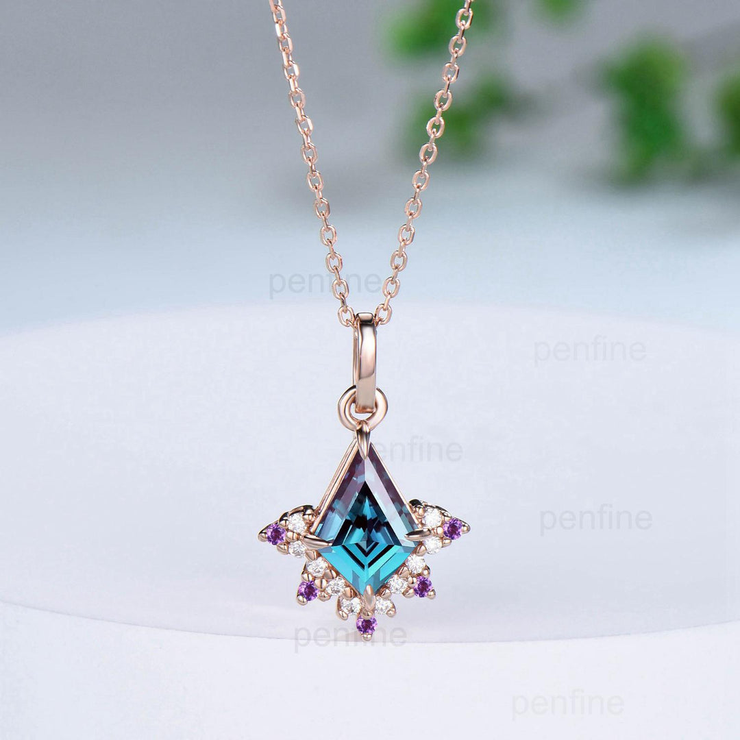 Vintage Kite Cut Alexandrite Pendant Necklace Purple Amethyst Pendant Silver 14k/18k rose gold moissanite promise engagement gift for women - PENFINE