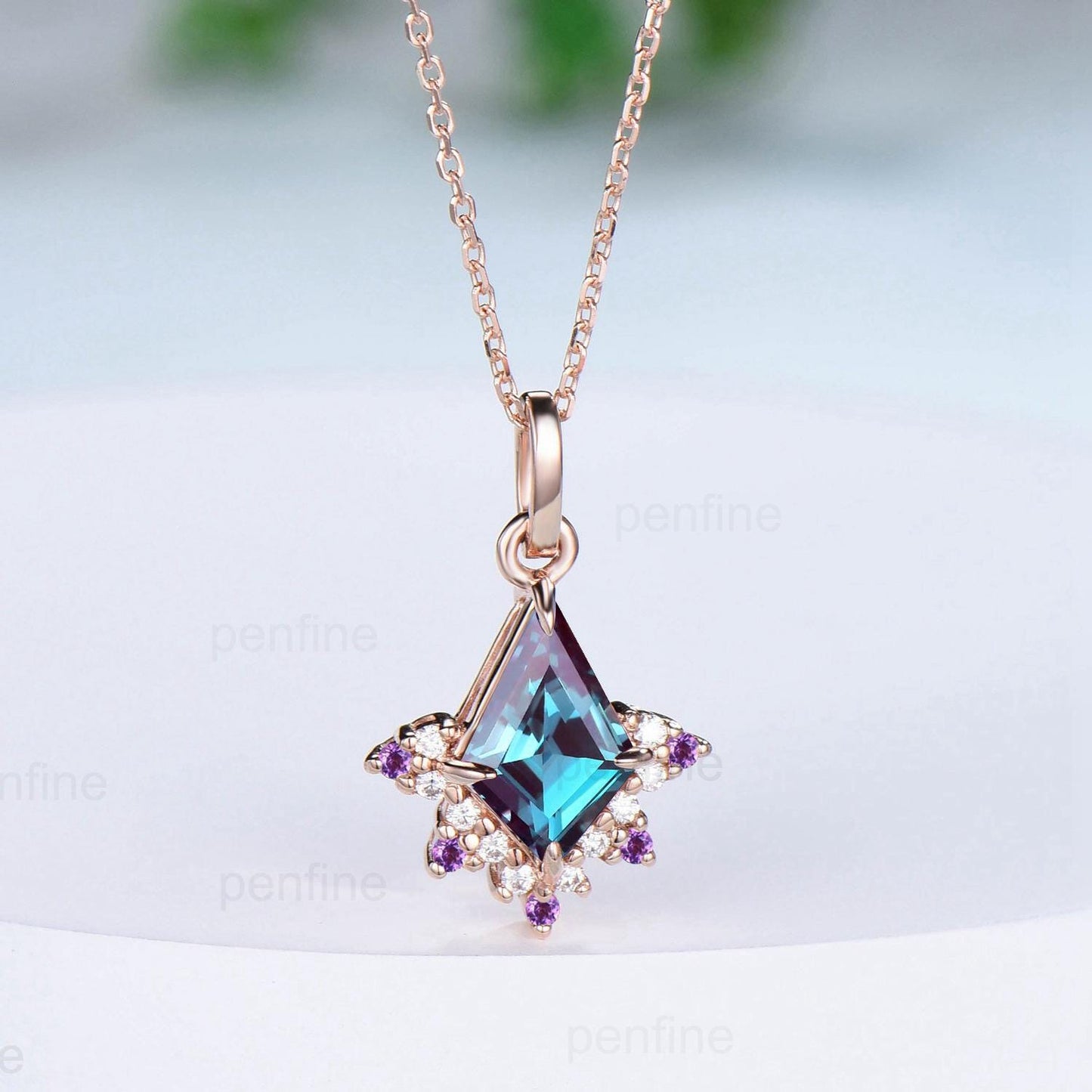 Vintage Kite Cut Alexandrite Pendant Necklace Purple Amethyst Pendant Silver 14k/18k rose gold moissanite promise engagement gift for women - PENFINE