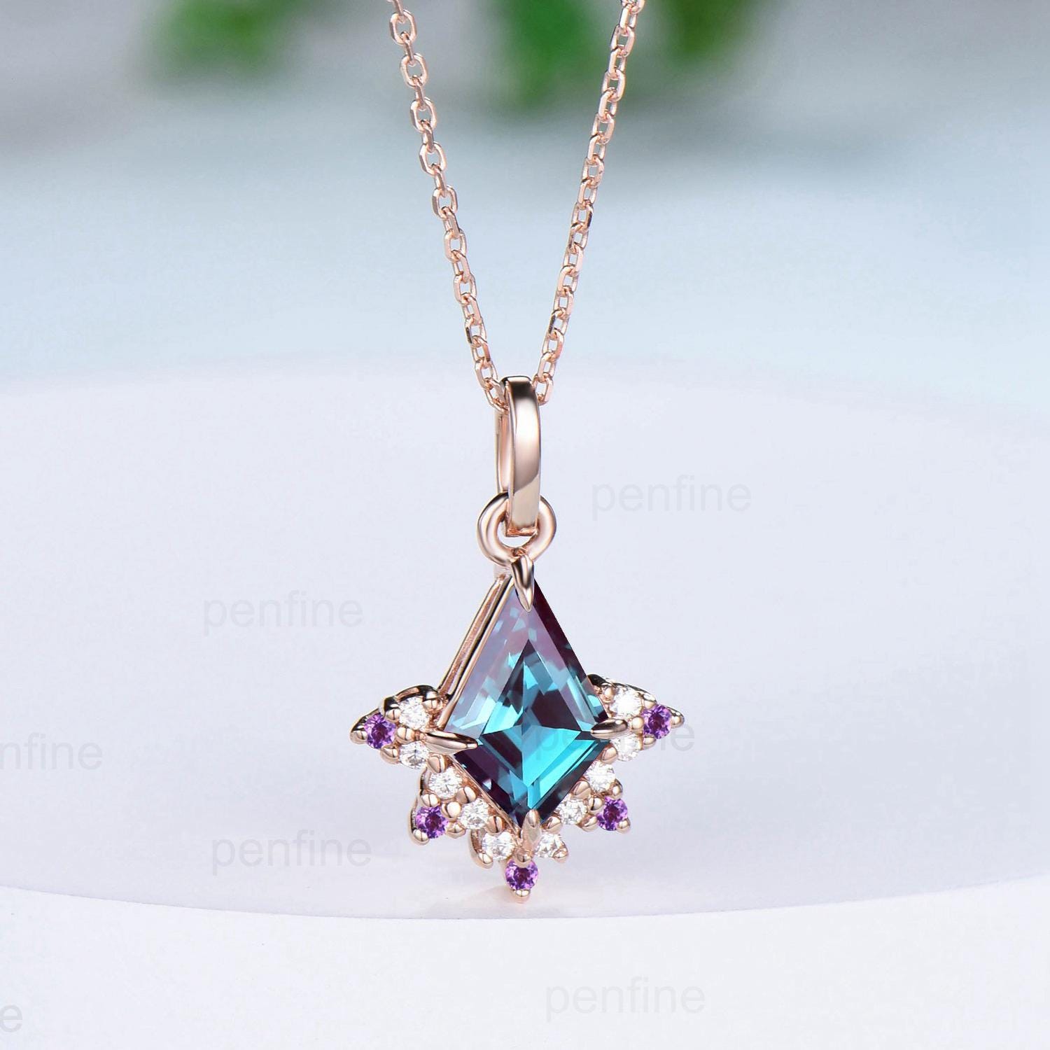 Vintage Kite Cut Alexandrite Pendant Necklace Purple Amethyst Pendant Silver 14k/18k rose gold moissanite promise engagement gift for women - PENFINE