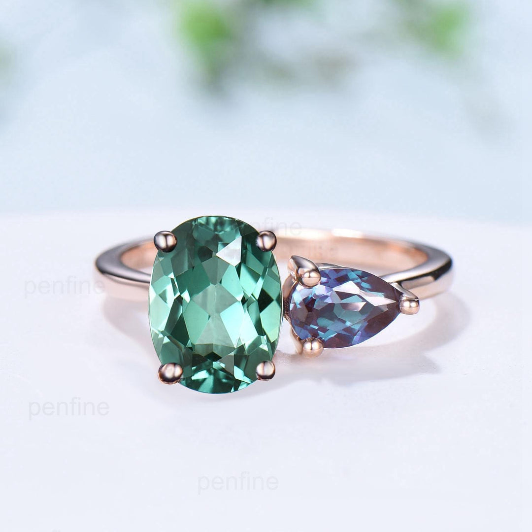 Minimalist Two stone oval green sapphire and pear shaped alexandrite engagement ring rose gold simple wedding ring anniversary bridal gifts - PENFINE