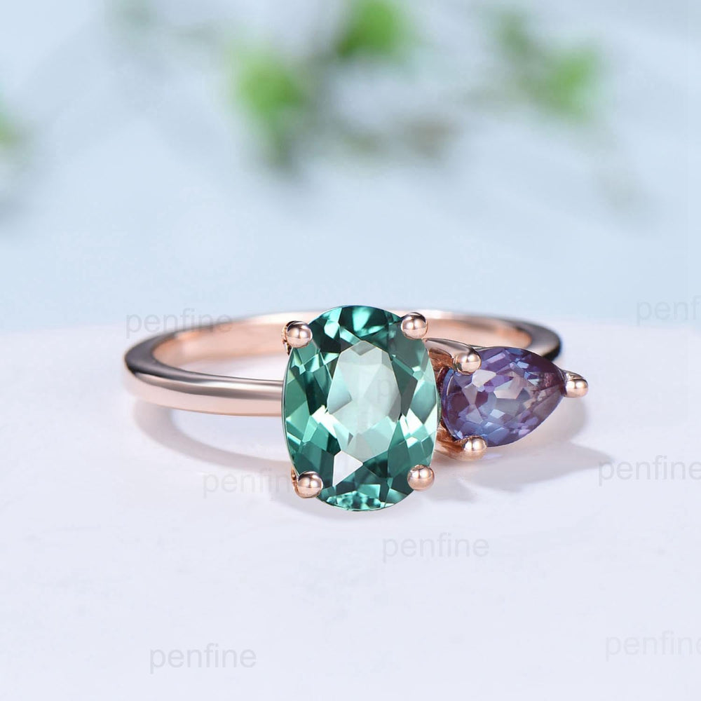 Minimalist Two stone oval green sapphire and pear shaped alexandrite engagement ring rose gold simple wedding ring anniversary bridal gifts - PENFINE