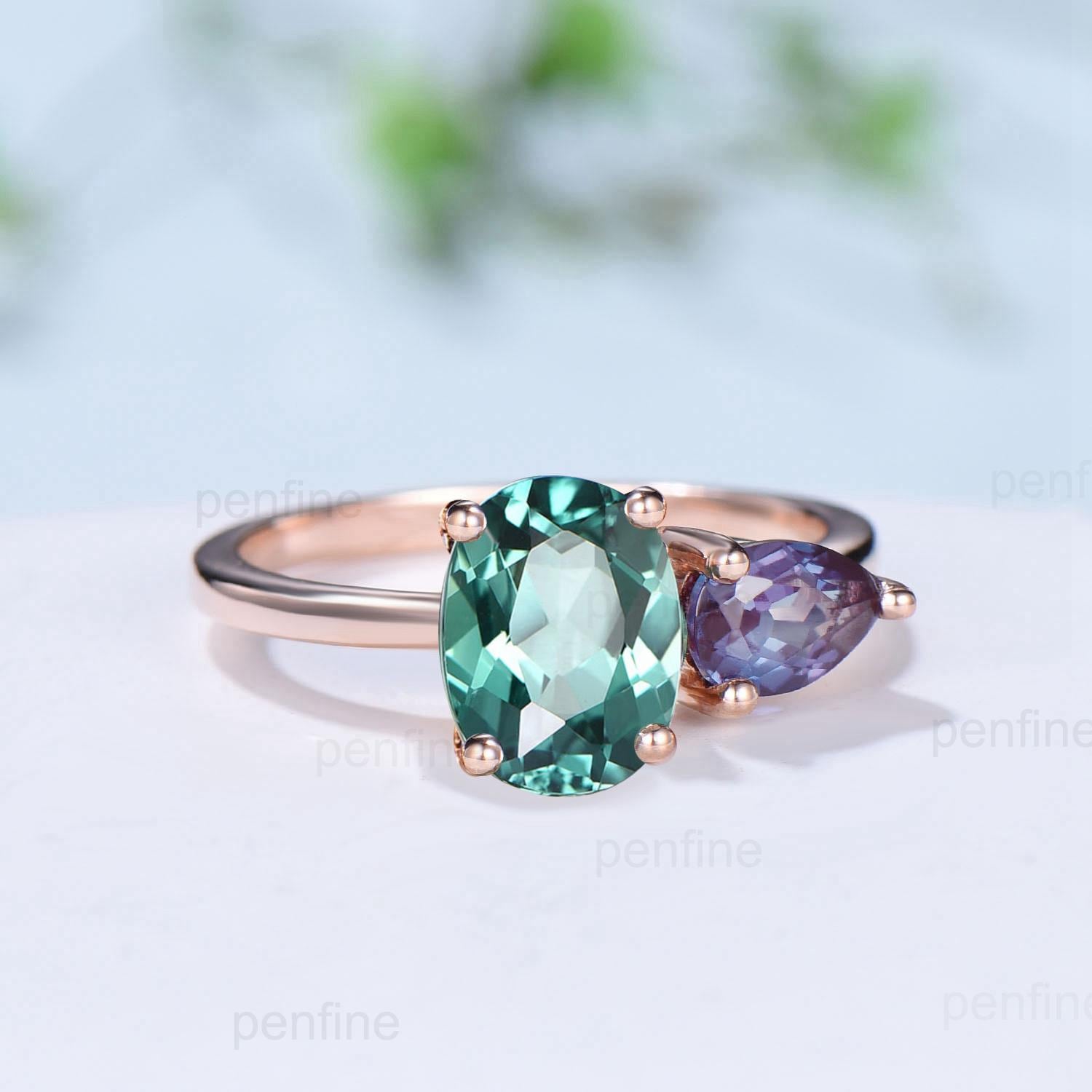 Minimalist Two stone oval green sapphire and pear shaped alexandrite engagement ring rose gold simple wedding ring anniversary bridal gifts - PENFINE
