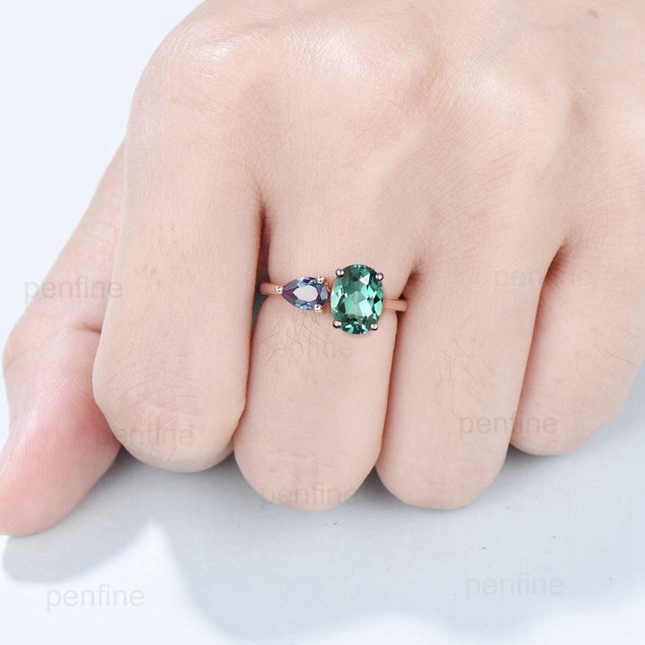 Minimalist Two stone oval green sapphire and pear shaped alexandrite engagement ring rose gold simple wedding ring anniversary bridal gifts - PENFINE