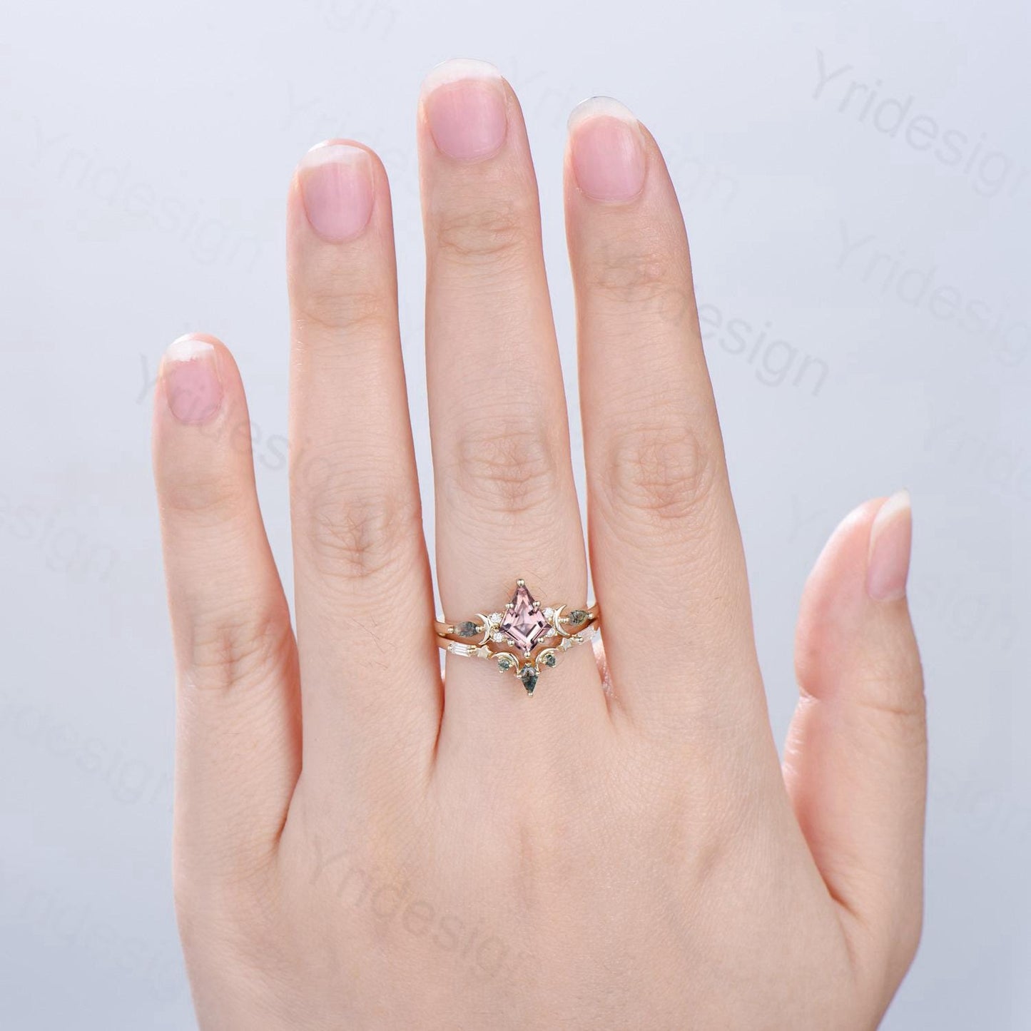 Vintage kite cut nature morganite engagement ring set Unique crescent moon star moss agate wedding set anniversary gift bridal set for women - PENFINE
