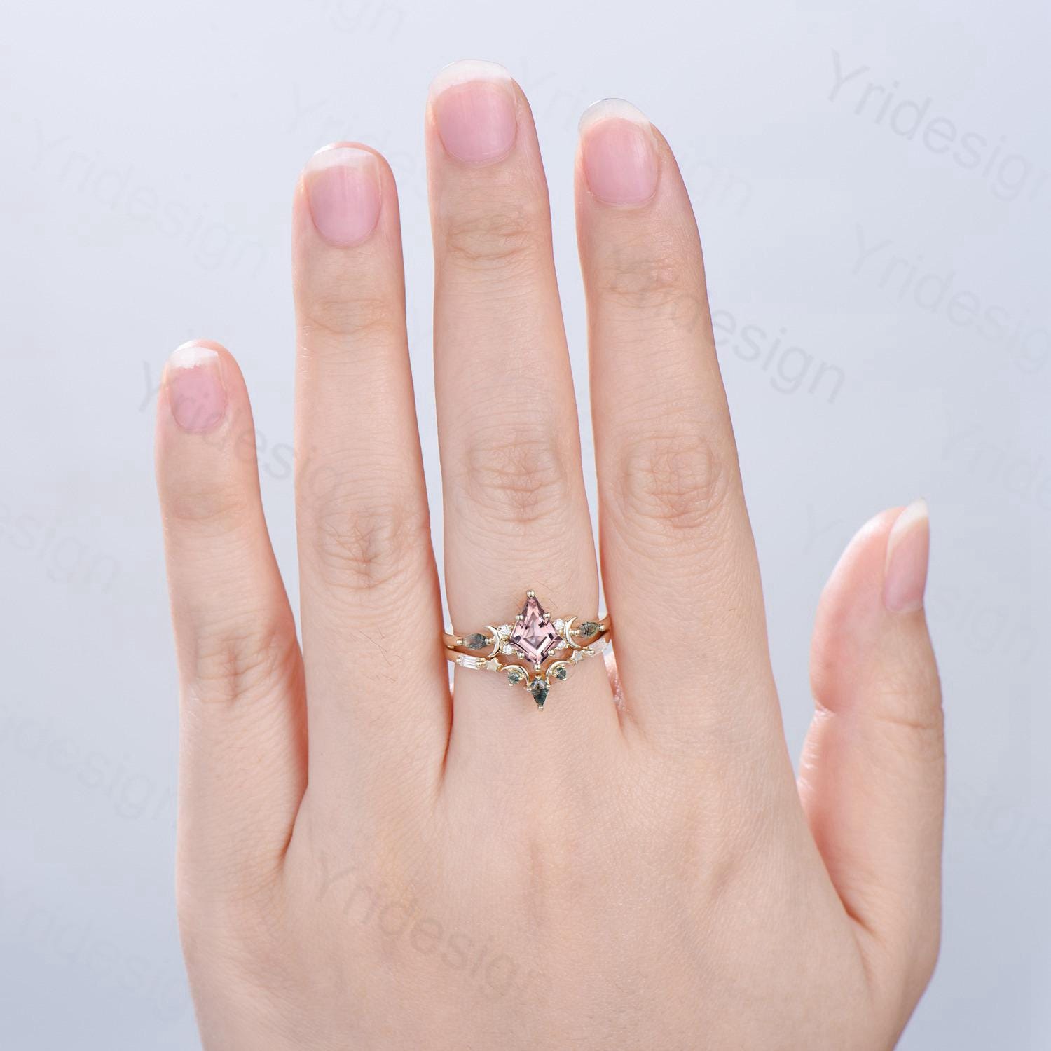 Vintage kite cut nature morganite engagement ring set Unique crescent moon star moss agate wedding set anniversary gift bridal set for women - PENFINE