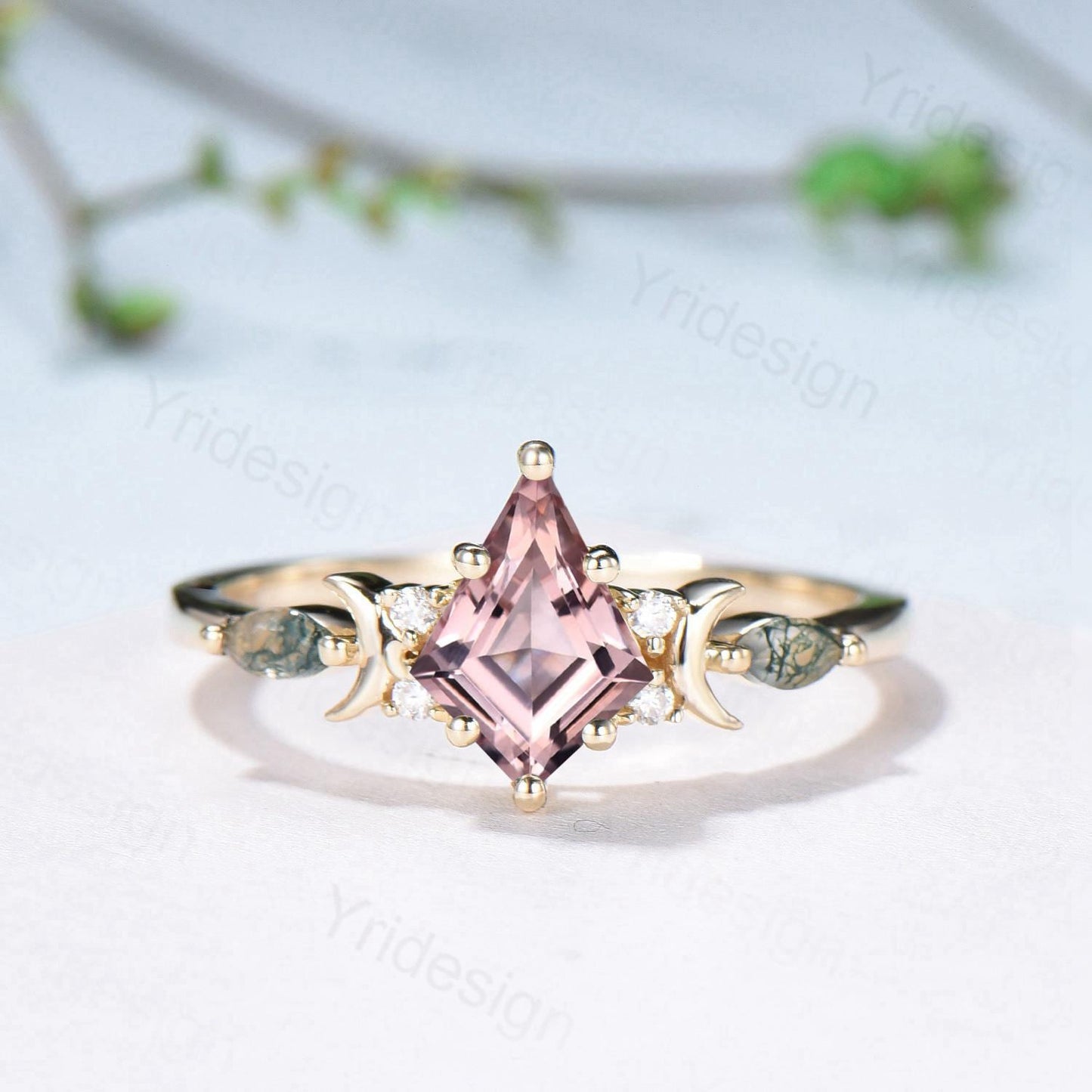 Vintage kite cut nature morganite engagement ring set Unique crescent moon star moss agate wedding set anniversary gift bridal set for women - PENFINE
