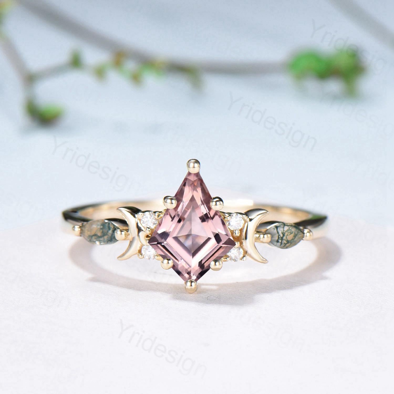 Vintage kite cut nature morganite engagement ring set Unique crescent moon star moss agate wedding set anniversary gift bridal set for women - PENFINE