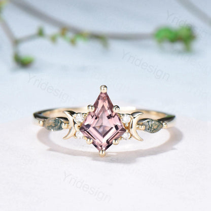 Vintage kite cut nature morganite engagement ring set Unique crescent moon star moss agate wedding set anniversary gift bridal set for women - PENFINE