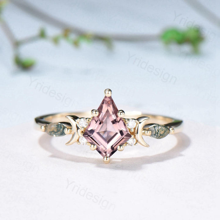 Vintage kite cut nature morganite engagement ring set Unique crescent moon star moss agate wedding set anniversary gift bridal set for women - PENFINE