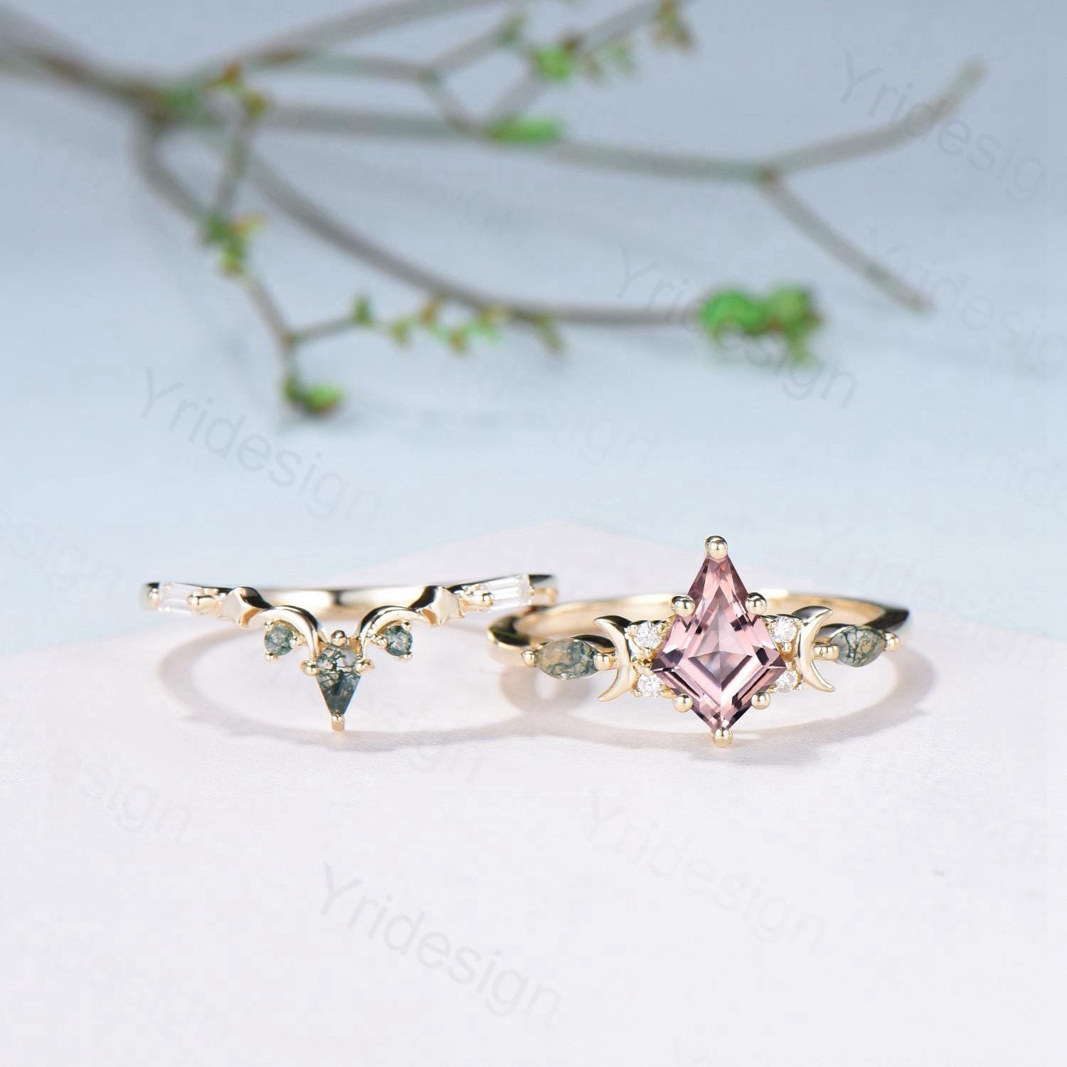 Vintage kite cut nature morganite engagement ring set Unique crescent moon star moss agate wedding set anniversary gift bridal set for women - PENFINE
