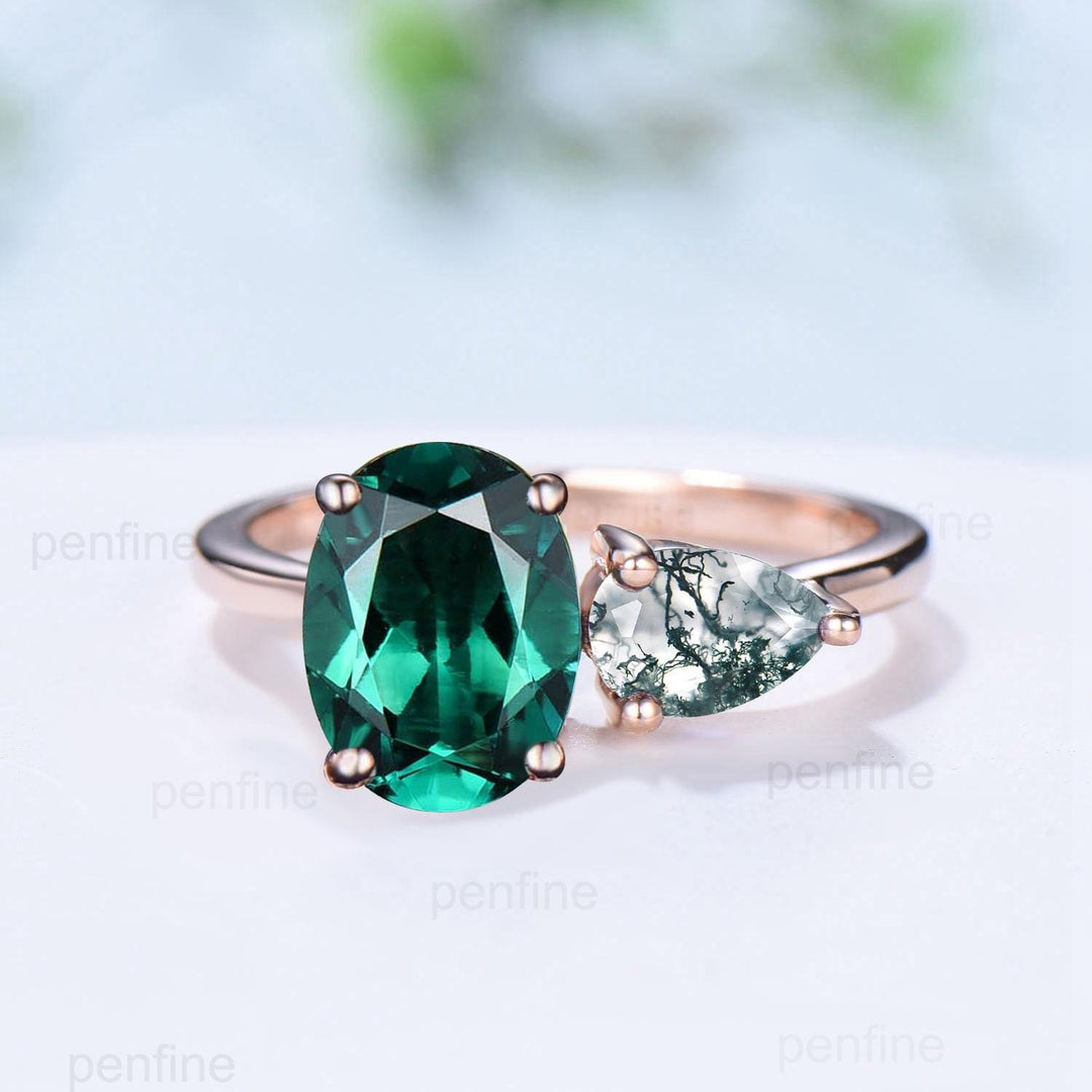 Two stone oval emerald and pear shaped moss agate engagement ring rose gold simple minimalist wedding ring anniversary bridal gifts for her - PENFINE