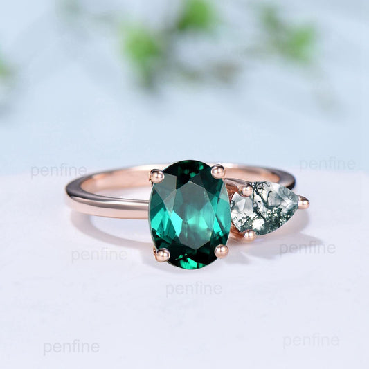 Two stone oval emerald and pear shaped moss agate engagement ring rose gold simple minimalist wedding ring anniversary bridal gifts for her - PENFINE