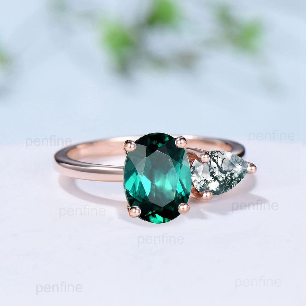 Two stone oval emerald and pear shaped moss agate engagement ring rose gold simple minimalist wedding ring anniversary bridal gifts for her - PENFINE