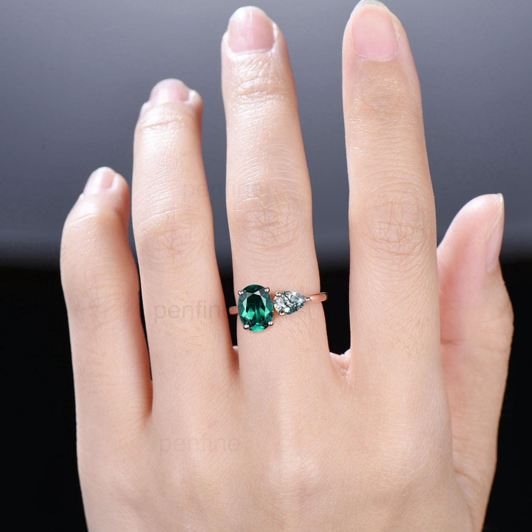 Two stone oval emerald and pear shaped moss agate engagement ring rose gold simple minimalist wedding ring anniversary bridal gifts for her - PENFINE