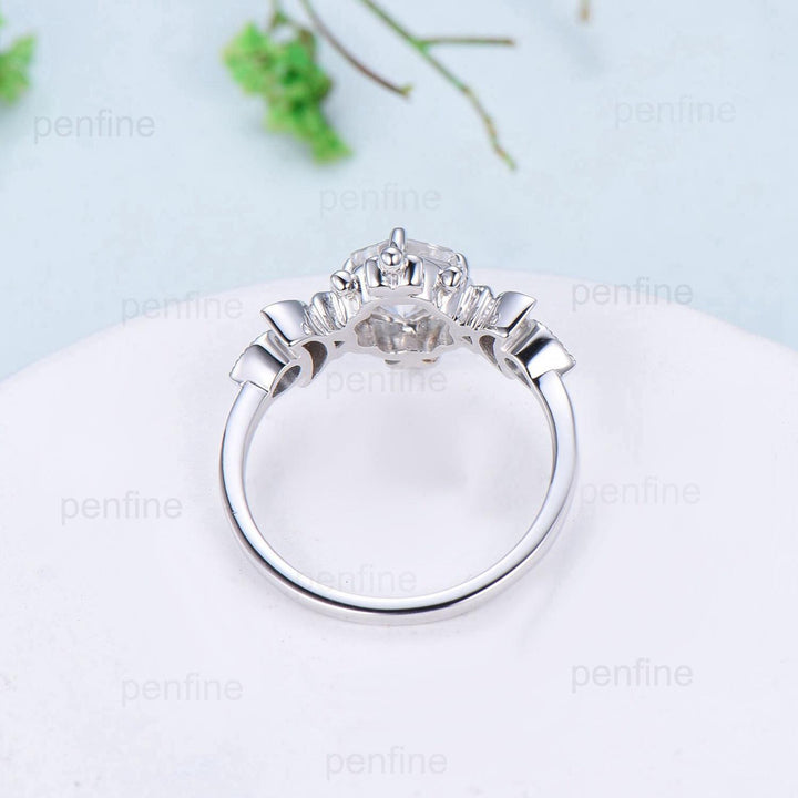 Floral Hexagon Green Teal Sapphire Engagement Ring Crescent Moon Cluster Opal Sapphire Wedding Ring Unique Promise Ring Handmade Bridal Gift - PENFINE