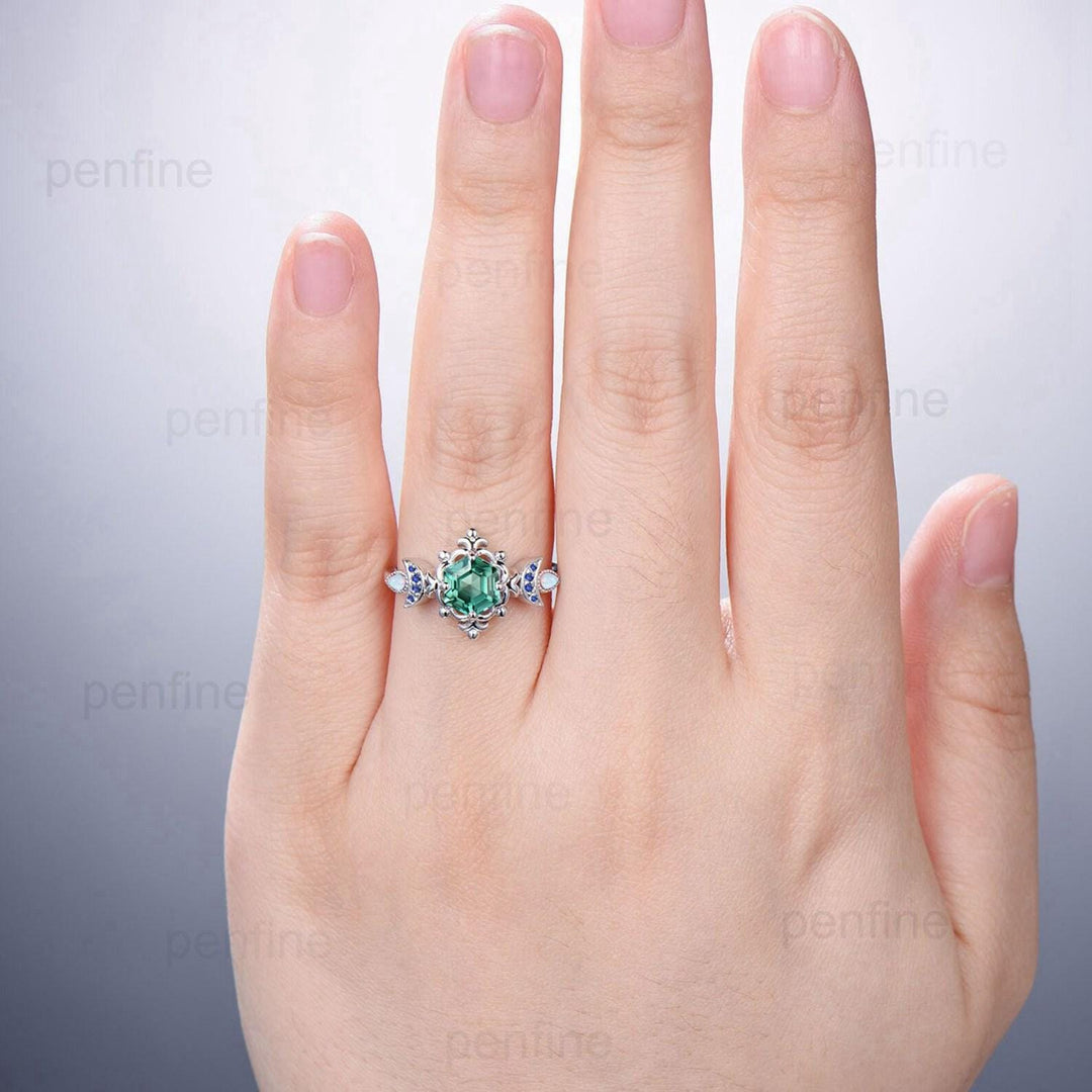 Floral Hexagon Green Teal Sapphire Engagement Ring Crescent Moon Cluster Opal Sapphire Wedding Ring Unique Promise Ring Handmade Bridal Gift - PENFINE
