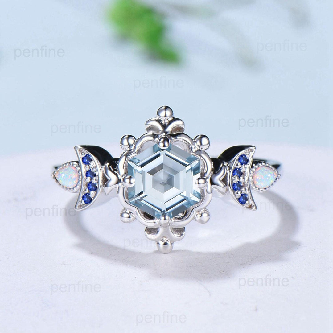 Floral Hexagon Natural Aquamarine Engagement Ring Crescent Moon Cluster Opal Sapphire Wedding Ring Unique Promise Ring Handmade Bridal Gift - PENFINE
