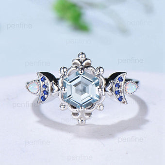 Floral Hexagon Natural Aquamarine Engagement Ring Crescent Moon Cluster Opal Sapphire Wedding Ring Unique Promise Ring Handmade Bridal Gift - PENFINE