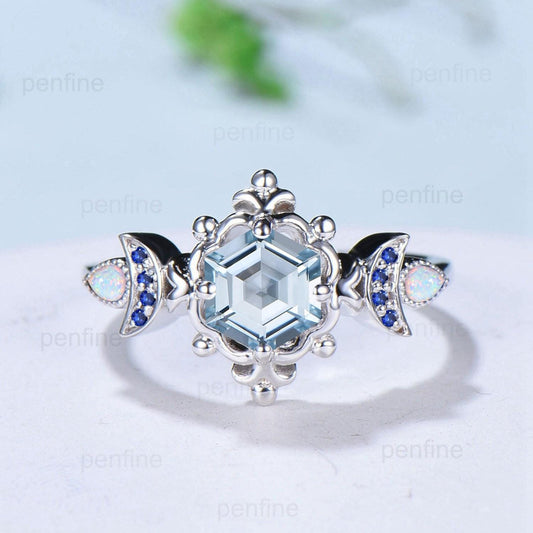 Floral Hexagon Natural Aquamarine Engagement Ring Crescent Moon Cluster Opal Sapphire Wedding Ring Unique Promise Ring Handmade Bridal Gift - PENFINE