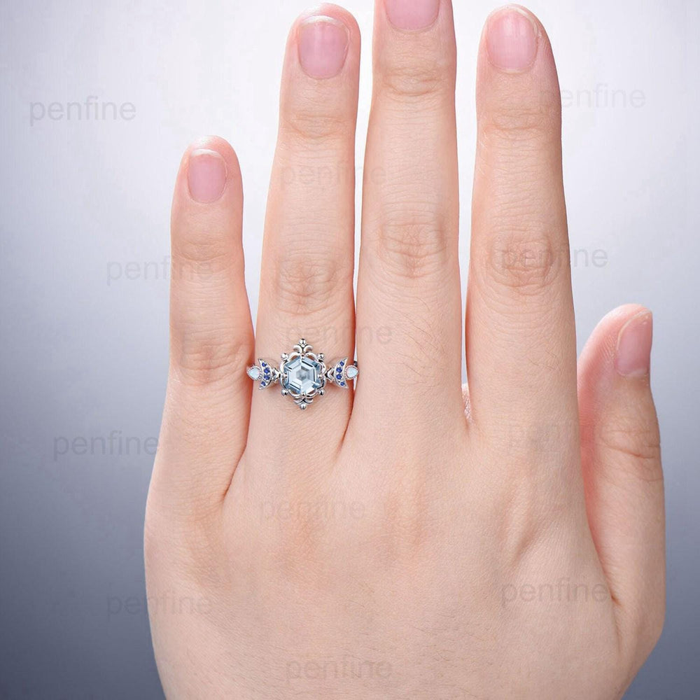 Floral Hexagon Natural Aquamarine Engagement Ring Crescent Moon Cluster Opal Sapphire Wedding Ring Unique Promise Ring Handmade Bridal Gift - PENFINE