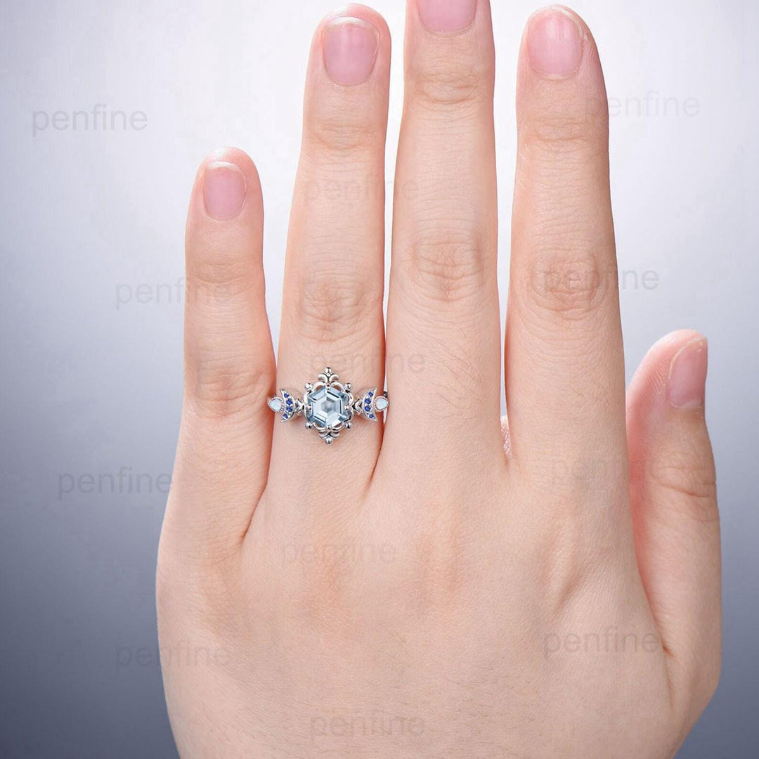 Floral Hexagon Natural Aquamarine Engagement Ring Crescent Moon Cluster Opal Sapphire Wedding Ring Unique Promise Ring Handmade Bridal Gift - PENFINE