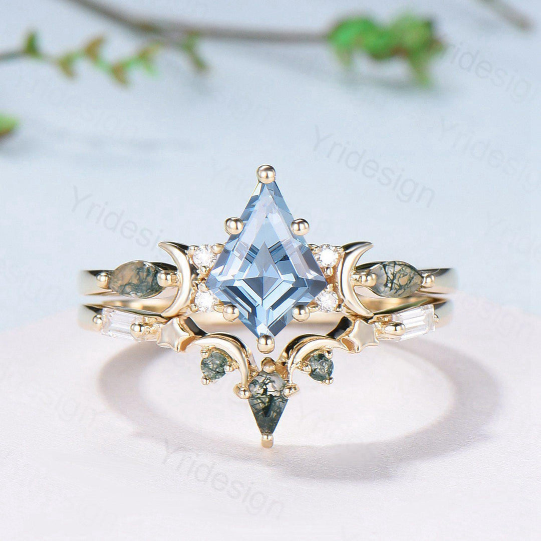 Vintage Kite Cut Natural Aquamarine Engagement Ring Set Yellow Gold Moon Star Cluster Moss Agate Wedding Ring Elegant March Birthstone Ring - PENFINE