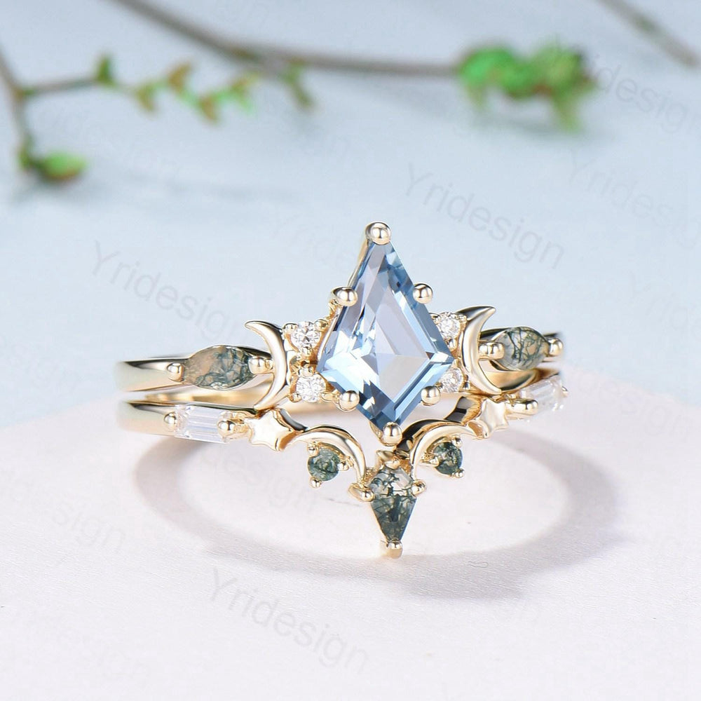 Vintage Kite Cut Natural Aquamarine Engagement Ring Set Yellow Gold Moon Star Cluster Moss Agate Wedding Ring Elegant March Birthstone Ring - PENFINE