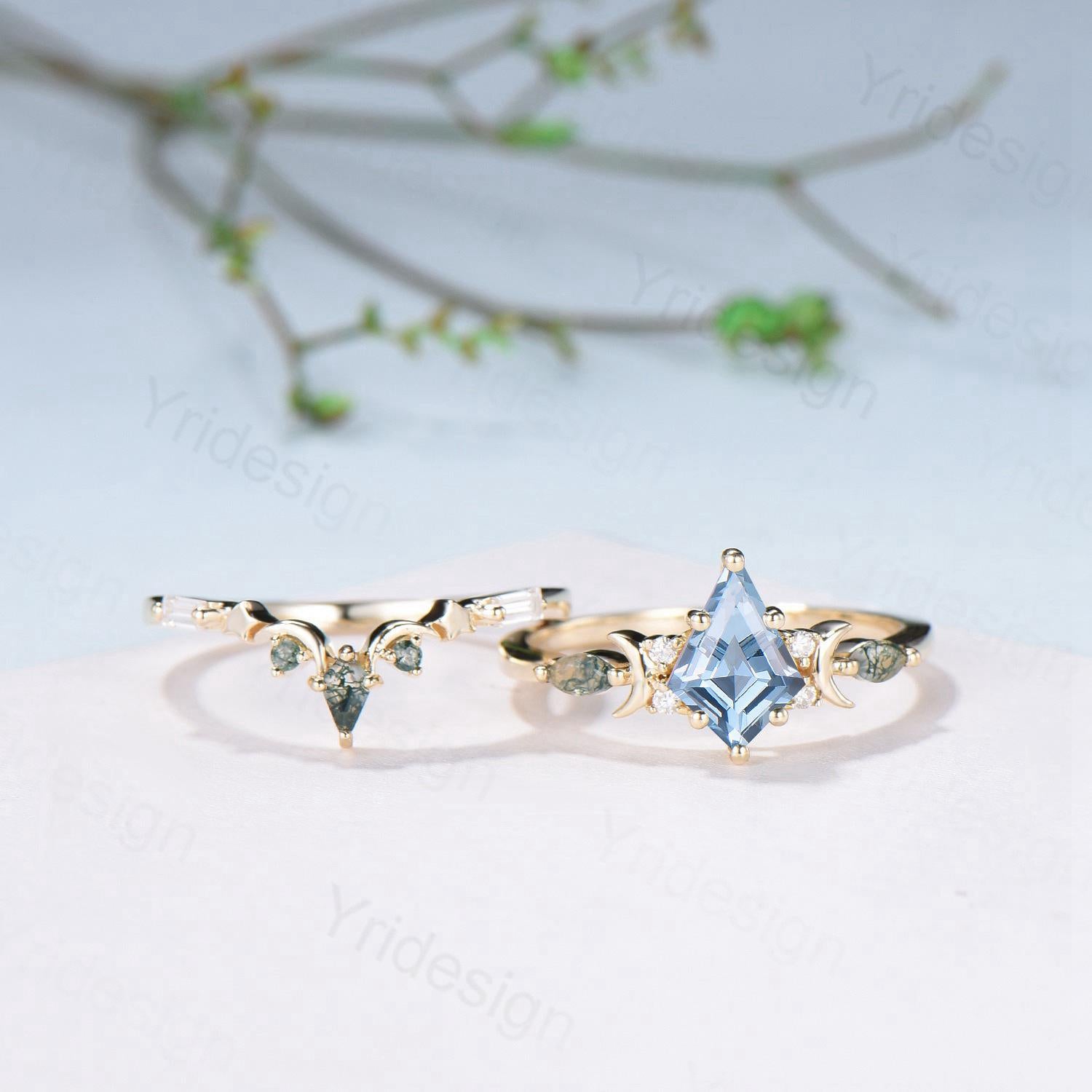 Vintage Kite Cut Natural Aquamarine Engagement Ring Set Yellow Gold Moon Star Cluster Moss Agate Wedding Ring Elegant March Birthstone Ring - PENFINE