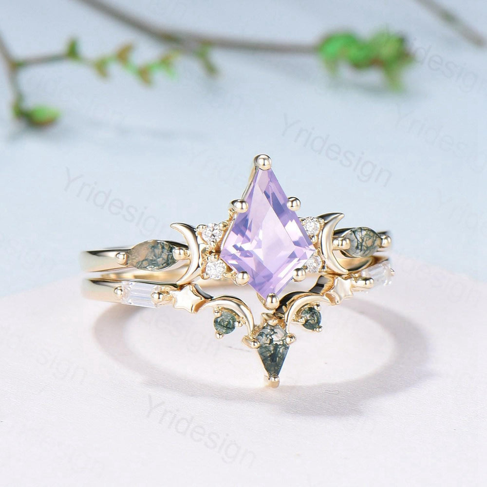 Vintage Kite Cut Natural Lavender Amethyst Engagement Ring Set Unique Yellow Gold Moon Star Wedding Ring Set Moss Agate Promise Bridal Ring - PENFINE