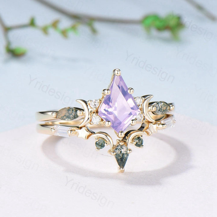 Vintage Kite Cut Natural Lavender Amethyst Engagement Ring Set Unique Yellow Gold Moon Star Wedding Ring Set Moss Agate Promise Bridal Ring - PENFINE