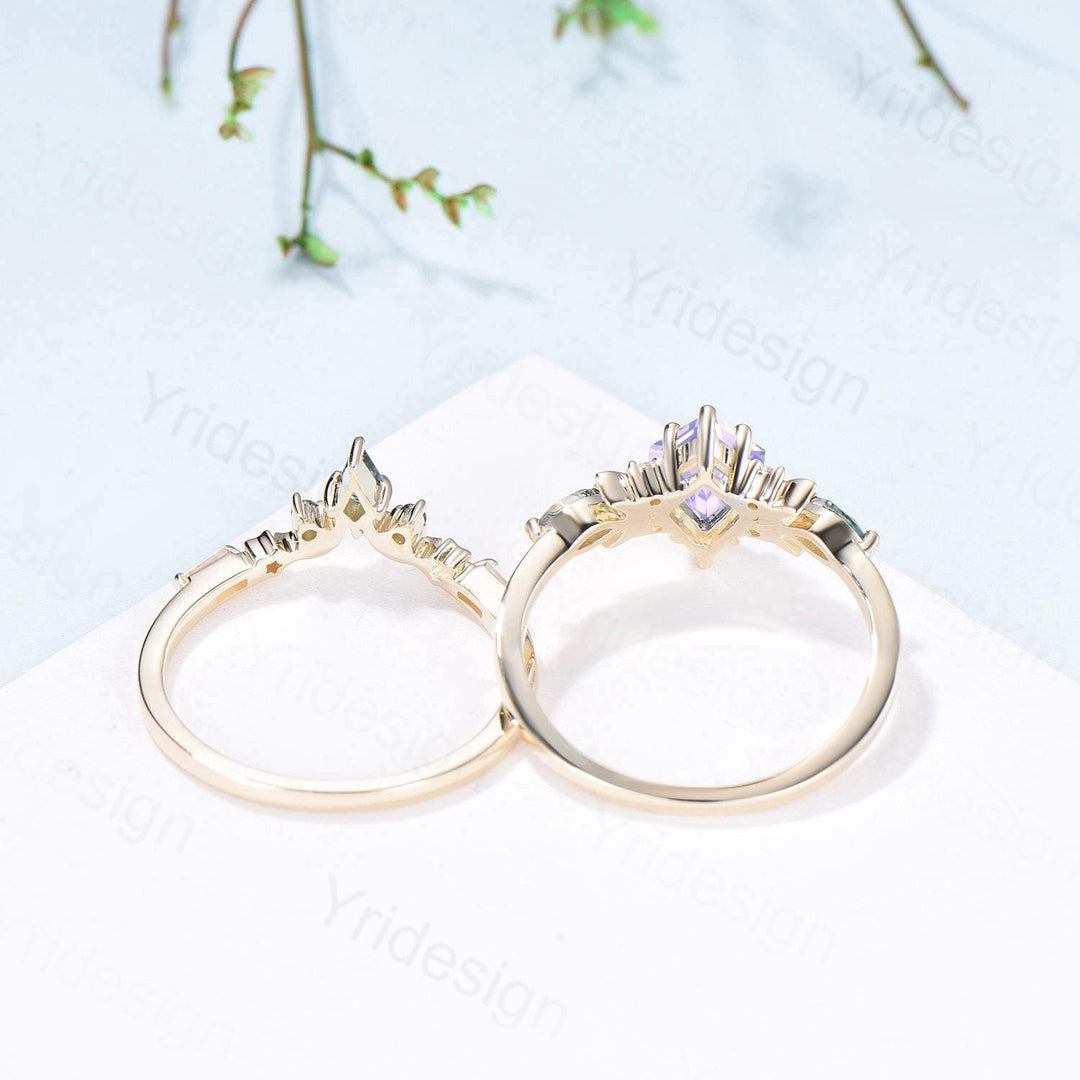 Vintage Kite Cut Natural Lavender Amethyst Engagement Ring Set Unique Yellow Gold Moon Star Wedding Ring Set Moss Agate Promise Bridal Ring - PENFINE
