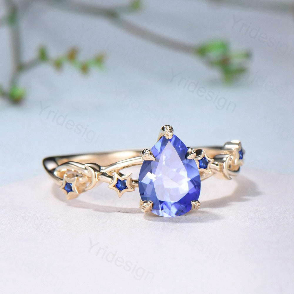 Vintage Natural Tanzanite Engagement Ring Pear Shaped Yellow Gold Moon Star Wedding Ring Blue Sapphire Anniversary Promise Ring For Women - PENFINE