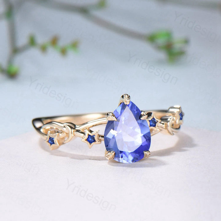 Vintage Natural Tanzanite Engagement Ring Pear Shaped Yellow Gold Moon Star Wedding Ring Blue Sapphire Anniversary Promise Ring For Women - PENFINE