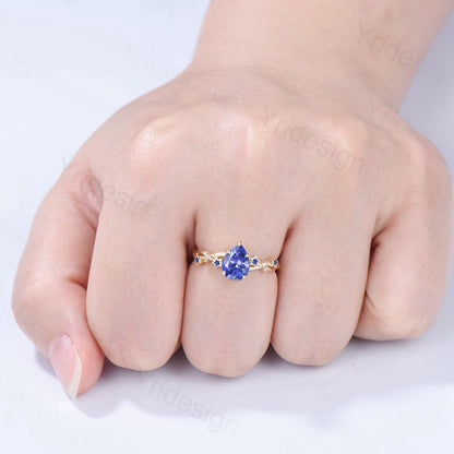 Vintage Natural Tanzanite Engagement Ring Pear Shaped Yellow Gold Moon Star Wedding Ring Blue Sapphire Anniversary Promise Ring For Women - PENFINE