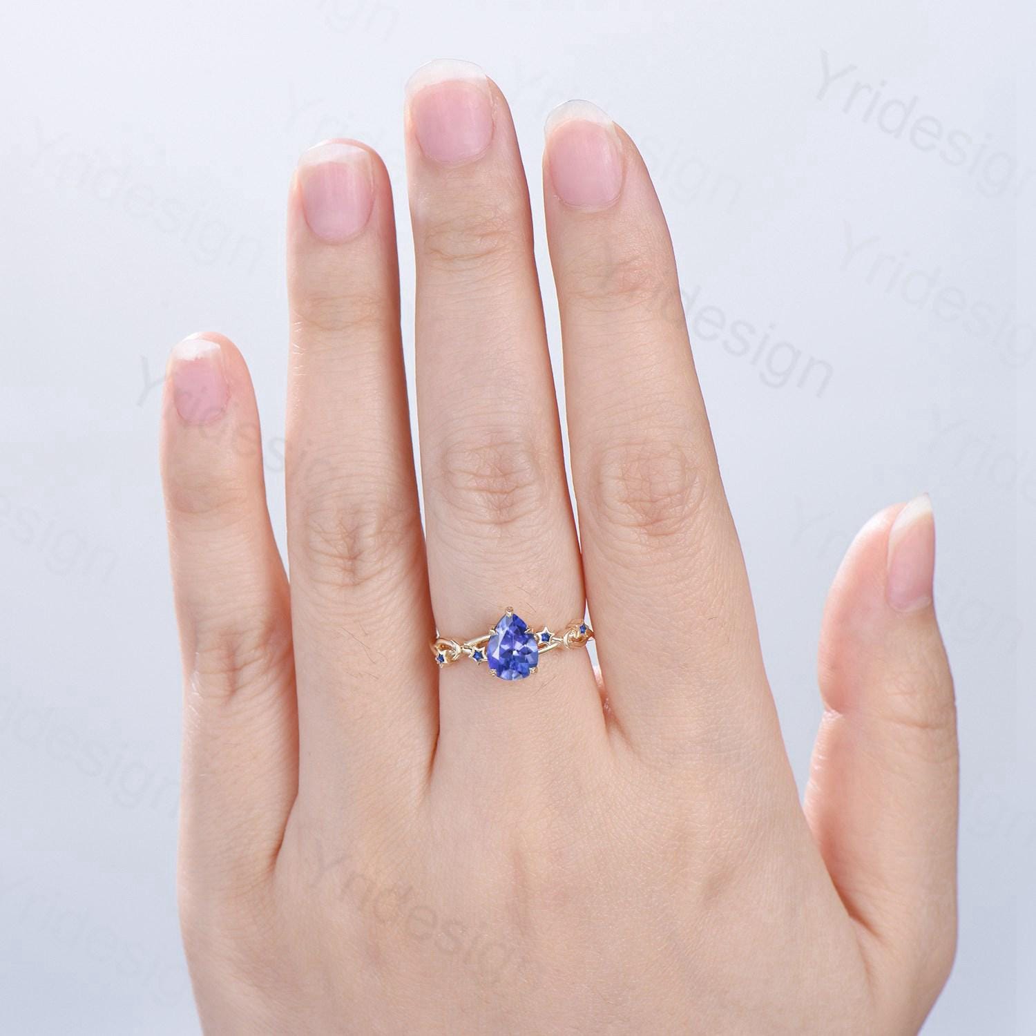 Vintage Natural Tanzanite Engagement Ring Pear Shaped Yellow Gold Moon Star Wedding Ring Blue Sapphire Anniversary Promise Ring For Women - PENFINE